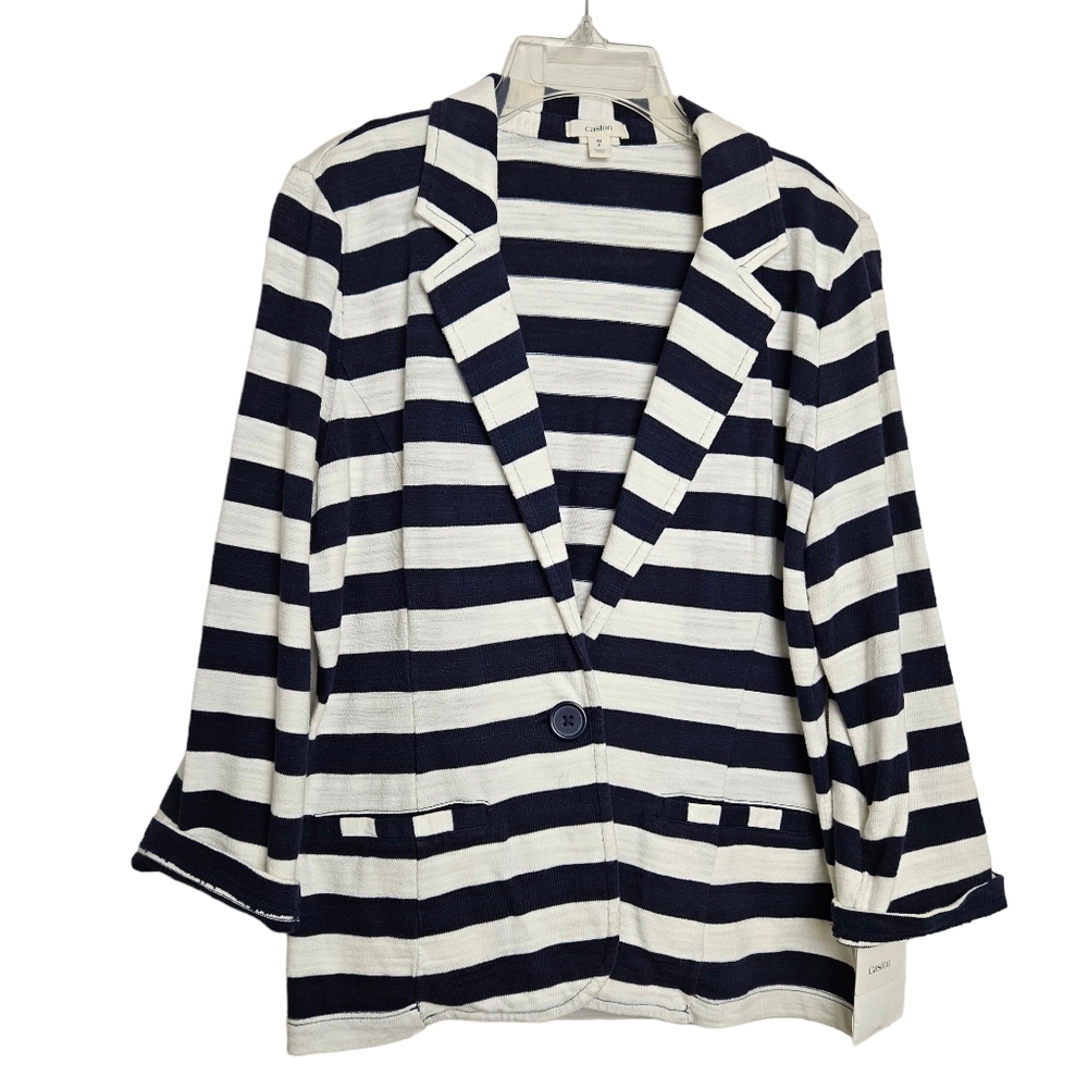 Caslon Women's NWT Navy & White Striped Knit Peacoat Jacket Blazer Size PM